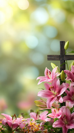 A wooden cross stands among vibrant pink lilies in a peaceful garden. Soft sunlight filters through the trees, creating a tranquil and serene atmosphere of spring.の素材