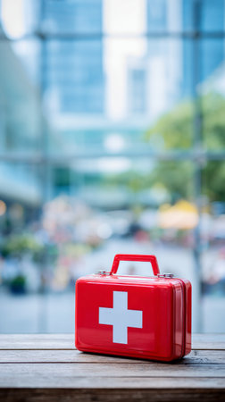 A bright red first aid kit sits on a wooden table in a lively cafe filled with people. The background shows blurred lights and a bustling atmosphere during the day..の素材