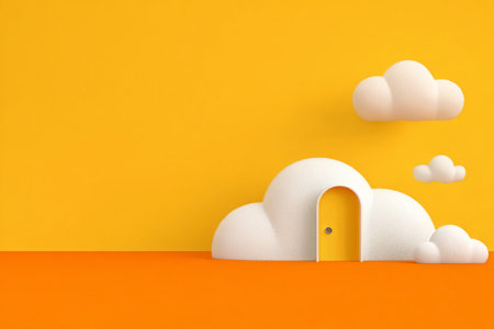 A bright yellow wall features a cheerful door framed by fluffy clouds. The vibrant colors and playful design create a whimsical atmosphere in the room.の素材