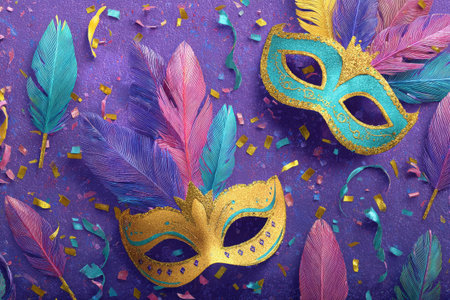 Two carnival masks with bright feathers and glitter sit on a purple surface scattered with colorful confetti. The festive decorations enhance the lively atmosphere of celebration.の素材