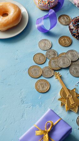 A blue table displays shiny coins scattered around a small golden guitar, a purple gift box, and assorted sweet donuts, creating a cheerful and festive scene.の素材