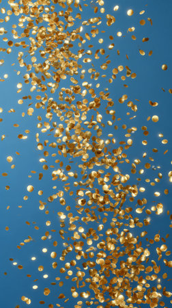 Shiny golden confetti pieces cascade down onto a smooth blue background, creating a vibrant, festive atmosphere perfect for celebrations and special occasions..の素材