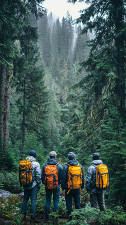 Four hikers stand together, wearing backpacks, gazing at a vast green forest under cloudy skies. Pine trees surround them, creating a tranquil atmosphere.の素材