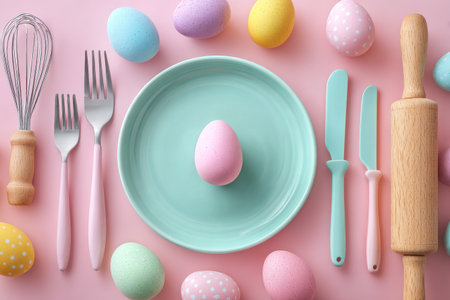 Brightly colored eggs in pastel shades surrounded by kitchen utensils on a pink surface. Perfect scene for Easter cooking and decorating activities.の素材