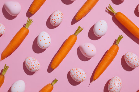 Bright orange carrots and pastel eggs are artistically arranged on a pink background, creating a cheerful spring atmosphere. This setting is perfect for seasonal festivities..の素材
