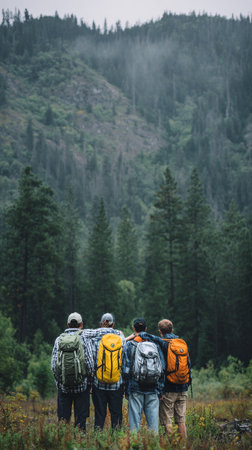 Four hikers stand together, wearing backpacks, gazing at a vast green forest under cloudy skies. Pine trees surround them, creating a tranquil atmosphere..の素材