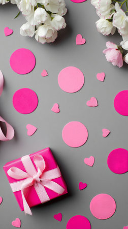 A small pink gift box with a ribbon sits among pink circles and hearts on a gray surface, surrounded by white spring flowers, creating a festive atmosphere for a special occasion.の素材