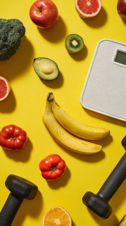 Fresh fruits and weights are arranged around a scale on a bright yellow surface, promoting health and fitness. Bananas, lemons, and kiwis are featured alongside dumbbells..の素材