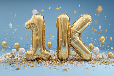 Golden balloons shaped like the number 1 and letter K stand out against a blue background. Confetti and stars surround them, setting a festive mood for a celebration.の素材