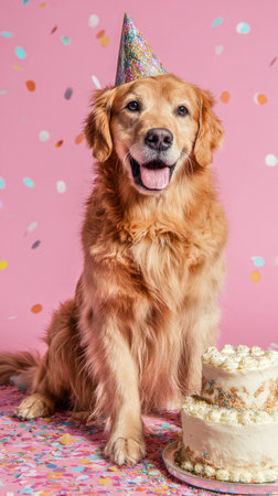 A cheerful golden retriever sits proudly in a pink setting, wearing a party hat next to a delicious cake. Colorful confetti fills the atmosphere, creating a festive mood..の素材