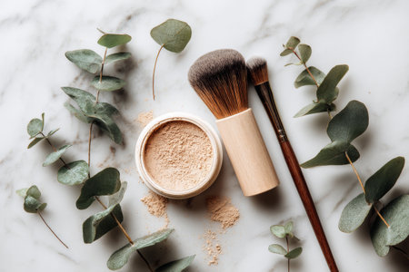 A neat arrangement of makeup brushes, loose powder, and a nail polish bottle sits alongside eucalyptus leaves on a marble surface, creating an elegant flat lay..の素材