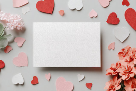 A blank white card sits in the center, surrounded by red and pink heart-shaped cutouts and clusters of fresh flowers, creating a romantic scene perfect for love notes or celebrations..の素材