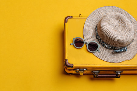 A cheerful yellow suitcase sits on a bright surface. A natural straw hat and stylish sunglasses rest on top, suggesting a fun summer vacation is about to begin.の素材