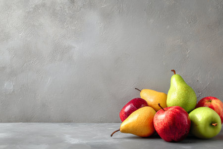 A variety of ripe fruits including red apples, green apples, and pears are arranged on a smooth gray surface. The scene has a natural, fresh look, perfect for healthy food inspiration.の素材