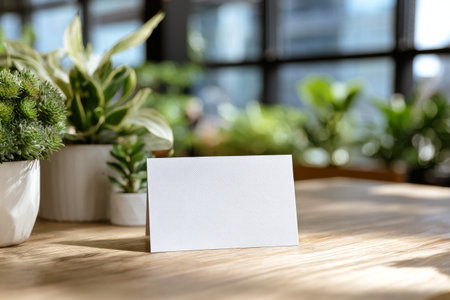 A blank card rests on a wooden table, framed by vibrant green plants in sunlight. This calm scene invites creativity or personal messages in a serene environment..の素材