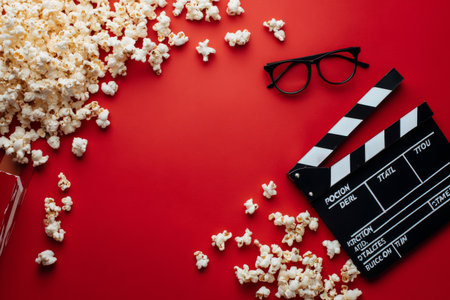 Popcorn scattered around a pair of glasses and a film clapperboard on a bold red surface create a fun movie night vibe. Perfect for cinema lovers and home viewing enjoyment.の素材