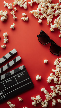 Popcorn is scattered around a movie clapper board and stylish sunglasses on bright red surface, creating a fun atmosphere for a cozy movie night at home..の素材