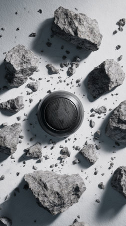 A stylish speaker sits at the center, with broken stones scattered around it on a gray surface. The composition highlights contrast between technology and nature.の素材