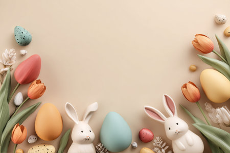 Brightly colored bunnies and eggs are arranged with spring flowers on a light background, creating a festive and cheerful atmosphere for Easter celebrations.の素材