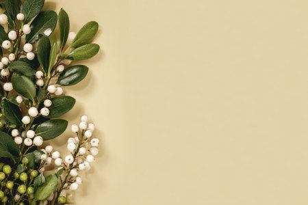 Fresh green branches with small white berries are carefully arranged against a neutral backdrop, showing natural beauty and simplicity, ideal for decoration or design inspiration.の素材