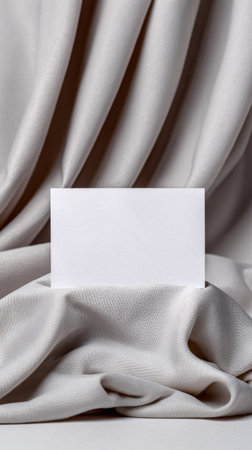 A blank business card lies on smooth silver fabric, showcasing clean lines and a minimalist design. The soft texture of the fabric contrasts with the cards crisp edges..の素材