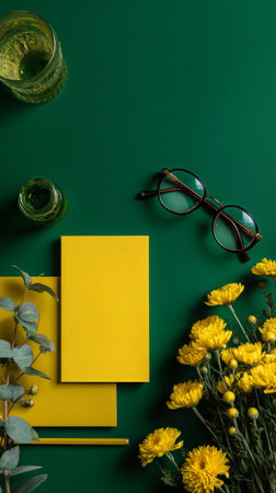 Yellow tulips, a yellow notebook, and stationery create a lively workspace against a rich green backdrop. Glasses and decorative elements add charm to this creative setup..の素材