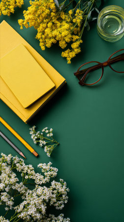 A table is arranged with yellow envelopes, a pencil, fresh white and yellow flowers, and a glass. This setup invites creativity and a positive working mood.の素材