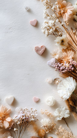 A charming display of dried flowers, delicate hearts, and soft colors arranged beautifully on a light surface, creating a peaceful and romantic atmosphere perfect for any occasion.の素材