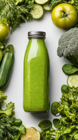 A glass bottle filled with green smoothie stands in the center..の素材