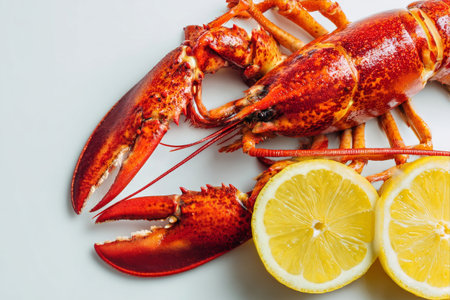 A vibrant red lobster rests next to two bright yellow lemon halves, showing the freshness of seafood. This setting highlights a culinary treat perfect for any seafood lover.の素材