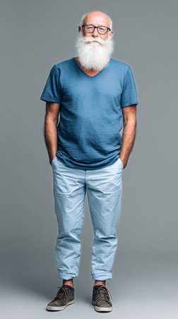 A man with a white beard and glasses stands with his hands in his pockets. He wears a blue shirt and light pants. His expression is relaxed in a simple gray setting.の素材