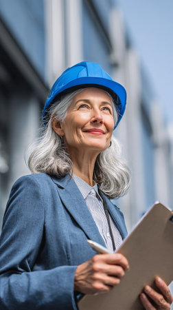 A woman with long gray hair smiles while standing outside in a construction zone. She wears a blue helmet and a gray suit, holding a clipboard and looking optimistic..の素材