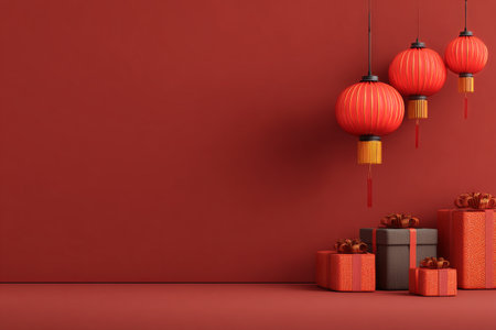 Bright red lanterns hang from the ceiling above neatly stacked gifts. The scene is warm and inviting, perfect for festive celebrations like Lunar New Year.の素材