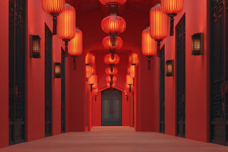 A stunning corridor features bright red walls and numerous hanging lanterns. The patterned floor tiles add elegance, creating a striking atmosphere..の素材