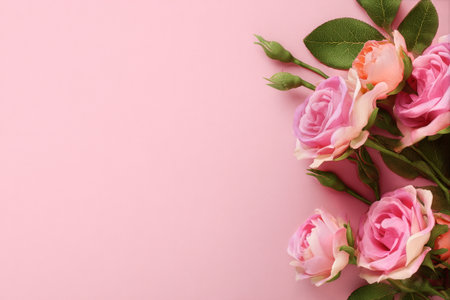 Delicate pink roses with creamy edges rest on a smooth pink background. This arrangement is perfect for events like weddings, birthdays, or as a decorative piece.の素材
