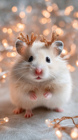 A fluffy hamster with small antlers stands among sparkling lights, showing its adorable features as it enjoys the festive atmosphere during the holiday season.の素材