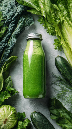A green smoothie is placed upright in a clear bottle, surrounded by various fresh vegetables, including kale, cucumber, and leafy greens on a light gray surface.の素材