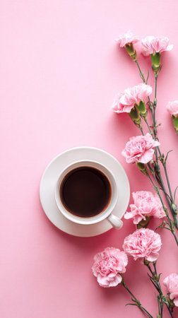 A cozy setting features a white cup filled with dark coffee surrounded by soft pink carnations on a pink background. The flowers create a gentle and inviting atmosphere..の素材