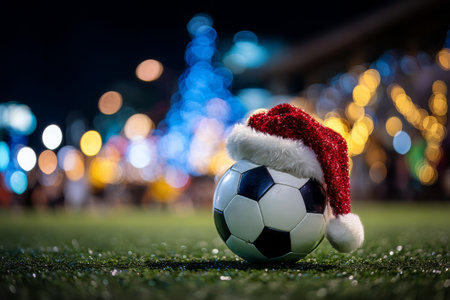 A soccer ball dressed in a red Christmas hat sits on a grassy field. Soft bokeh lights twinkle in the background, creating a joyful holiday atmosphere during winter..の素材