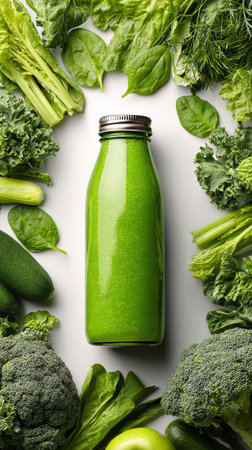 A bottle of vibrant green juice stands in the center surrounded by a variety of fresh vegetables like spinach, kale, and cucumbers, showing a healthy lifestyle choice.の素材