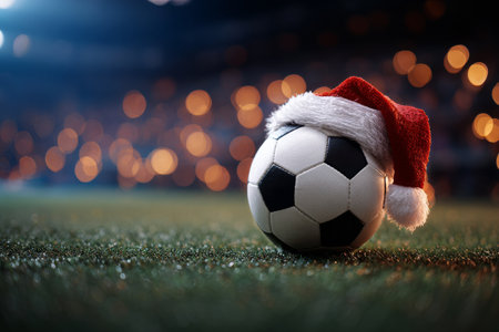 A soccer ball dressed in a red Christmas hat sits on a grassy field. Soft bokeh lights twinkle in the background, creating a joyful holiday atmosphere during winter.の素材