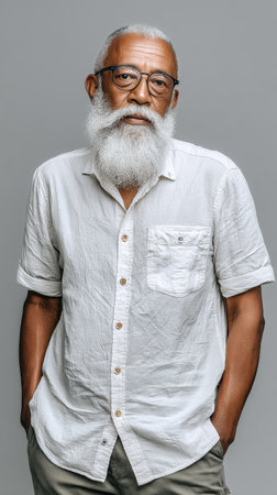 A senior man stands with his hands in his pockets. He has a white beard and glasses. He is dressed in a denim shirt and khaki shorts. The background is a simple gray tone..の素材