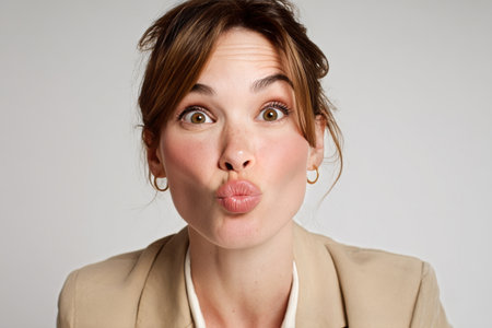 A woman poses for a playful moment, blowing a kiss with a light background. Her confidence shines as she showcases a charming expression in stylish attire..の素材
