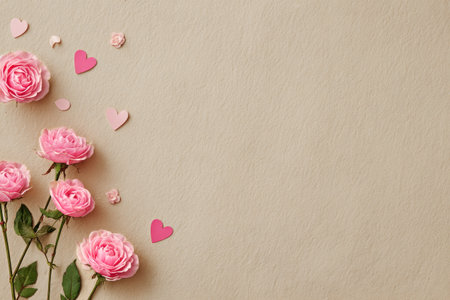 Pink roses are arranged elegantly on a soft surface, accompanied by small decorative hearts. This setting evokes feelings of love and warmth, perfect for special moments.の素材