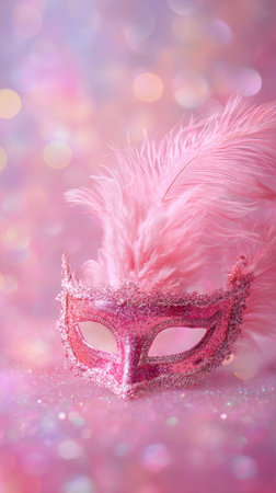 A vibrant pink masquerade mask adorned with feathers rests on soft, fluffy fabric. The background is a soft, blurred pink, creating a festive atmosphere perfect for celebration..の素材