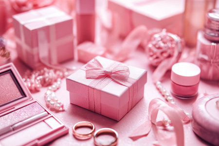 Delicate pink gifts and sparkling cosmetics are artistically arranged on a soft surface, creating a lovely and inviting scene perfect for celebrations and special occasions.の素材