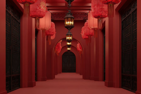 A stunning corridor features bright red walls and numerous hanging lanterns. The patterned floor tiles add elegance, creating a striking atmosphere..の素材