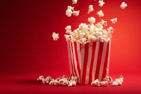 A striped bucket filled with fresh popcorn is spilling over with fluffy kernels against a bright red background. This scene captures the excitement of movie night snacks.の素材