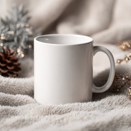 A simple white mug rests on soft, plush fabric, accompanied by pinecones and winter decorations. The warm setting evokes a cozy atmosphere perfect for winter.の素材