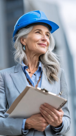 A woman with long gray hair smiles while standing outside in a construction zone. She wears a blue helmet and a gray suit, holding a clipboard and looking optimistic.の素材